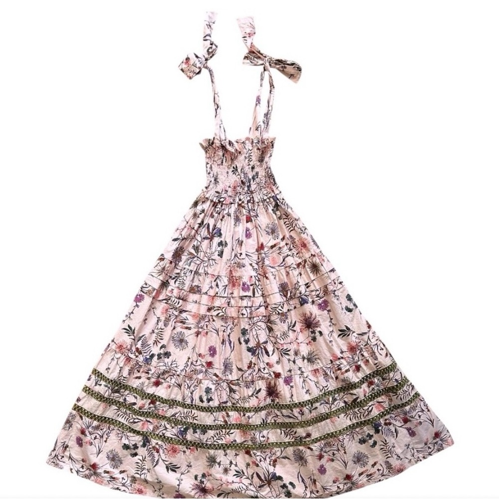 Mi Golondrina Pink Floral Maxi Dress with Green Trim
